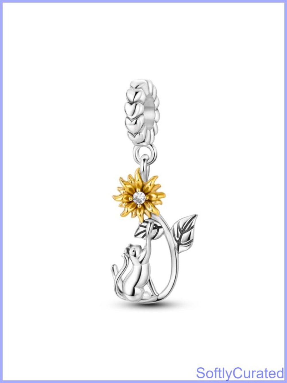 925 Sterling Silver Cat Sunflower Charm for Bracelets & Charm Necklaces